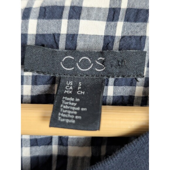 COS Dress Womens Medium Navy Blue Plaid Puff Sleeve Midi - Picture 5 of 12